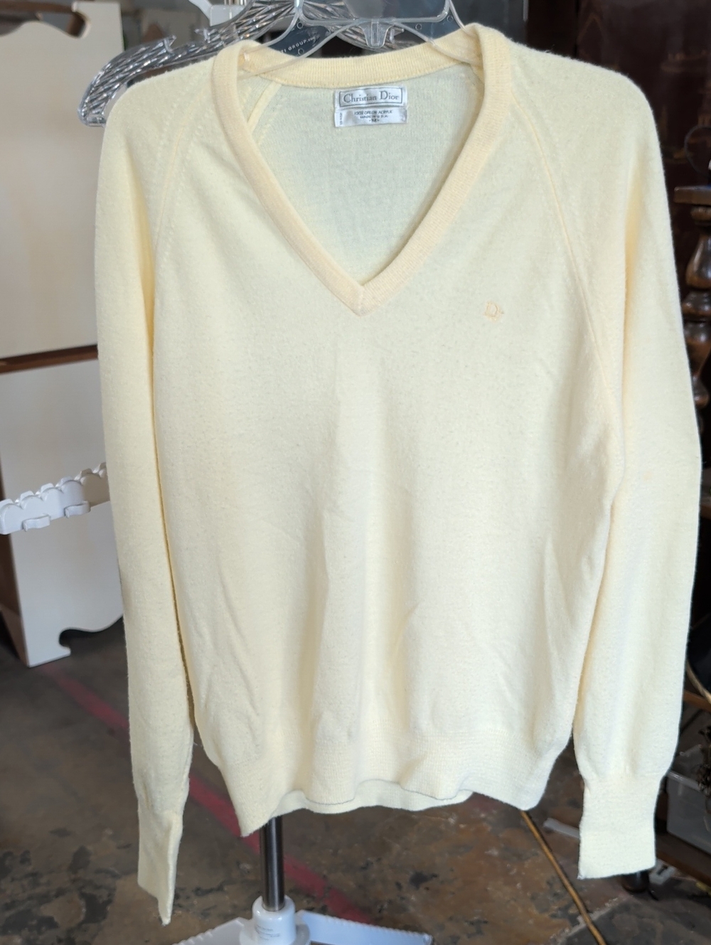 70s Christian Dior Men's Orlon Acrylic V-Neck Sweater in Soft Butter Yellow